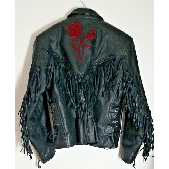 Genuine Leather LG Motorcycle Jacket Fringe Rose Inlay w/ Thinsulate 3M Liner - Picture 5 of 12
